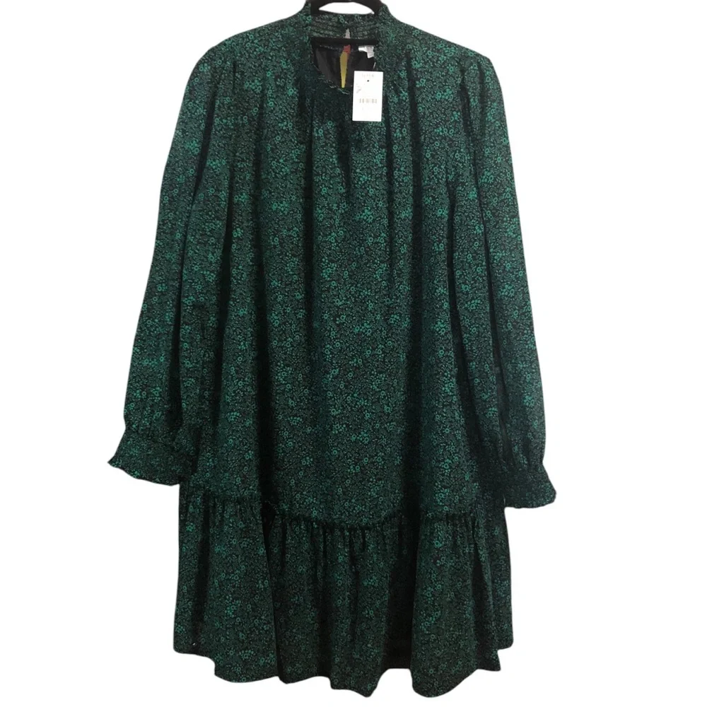 J.CREW N.W.T.‎ Size Large Color Green/Black Floral Print Mini Smocked Drop Waist